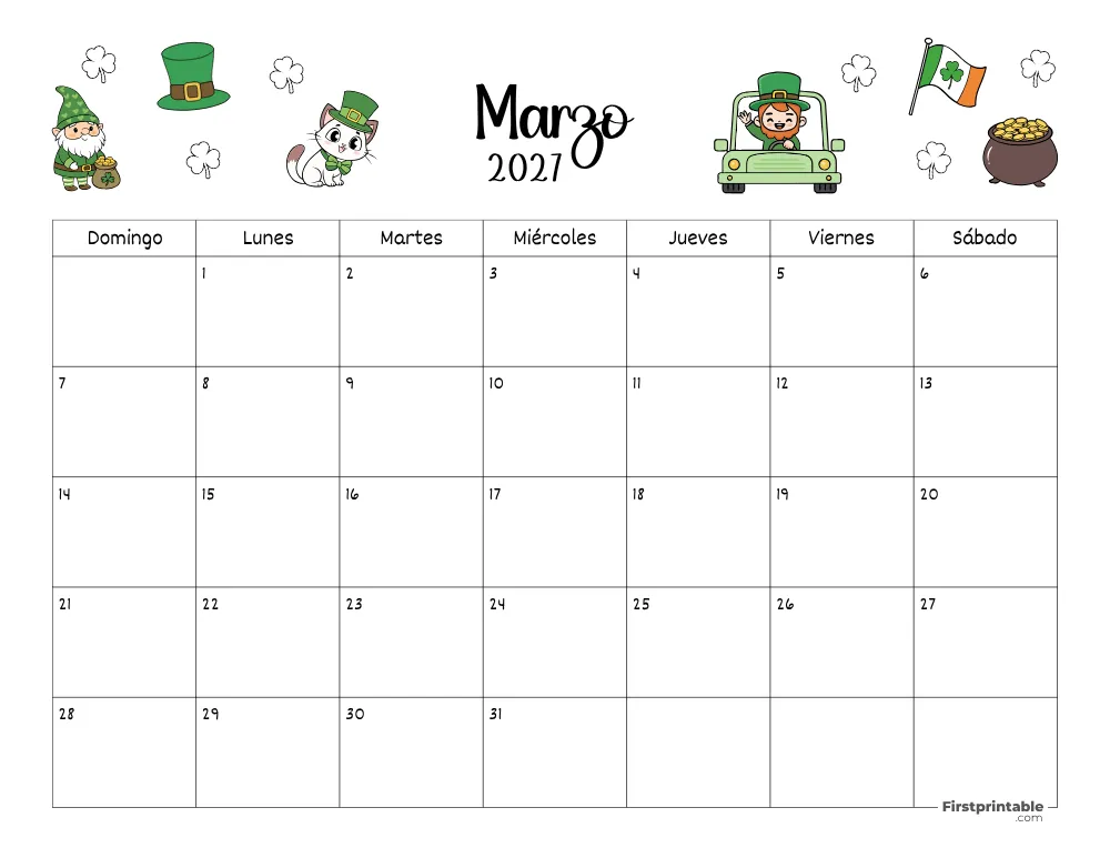 Calendario de marzo de 2027 con temática de San Patricio 02