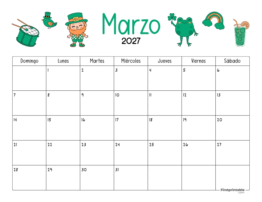 Calendario de marzo de 2027 con temática de San Patricio 04