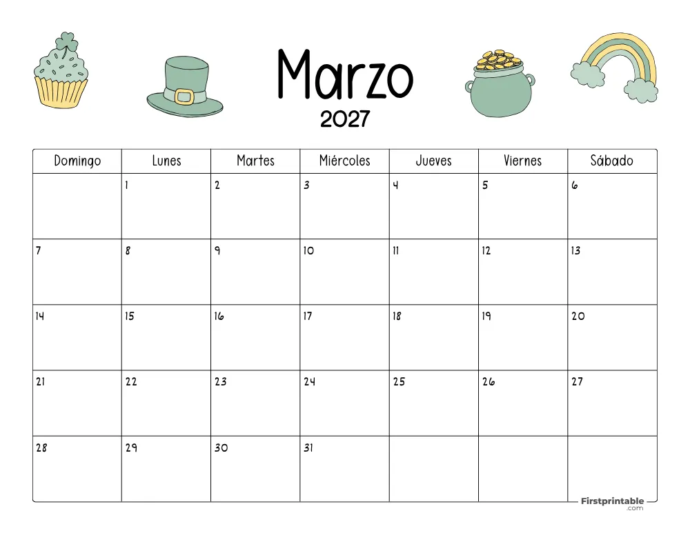 Calendario de marzo de 2027 con temática de San Patricio 05
