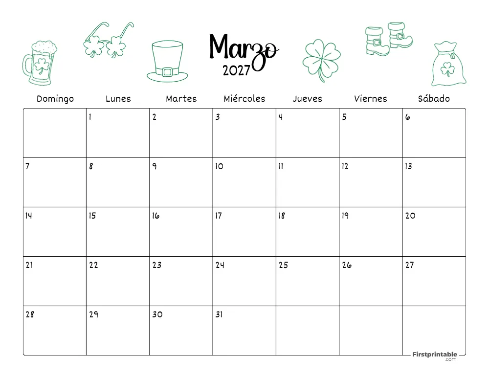 Calendario de marzo de 2027 con temática de San Patricio 06