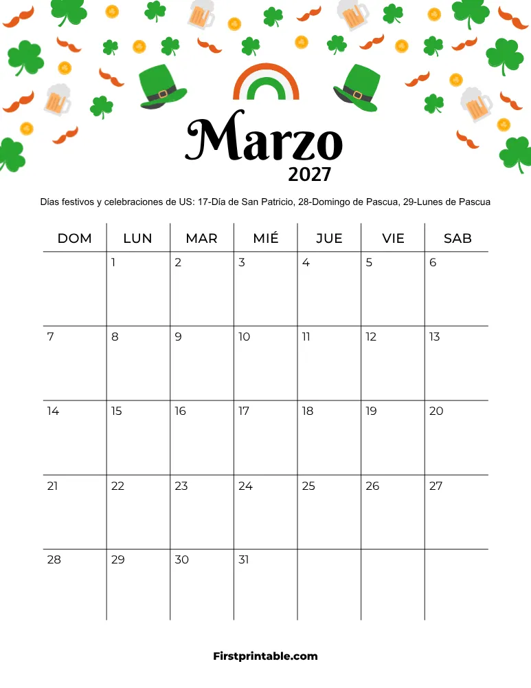 Calendario de marzo de 2027 con temática de San Patricio