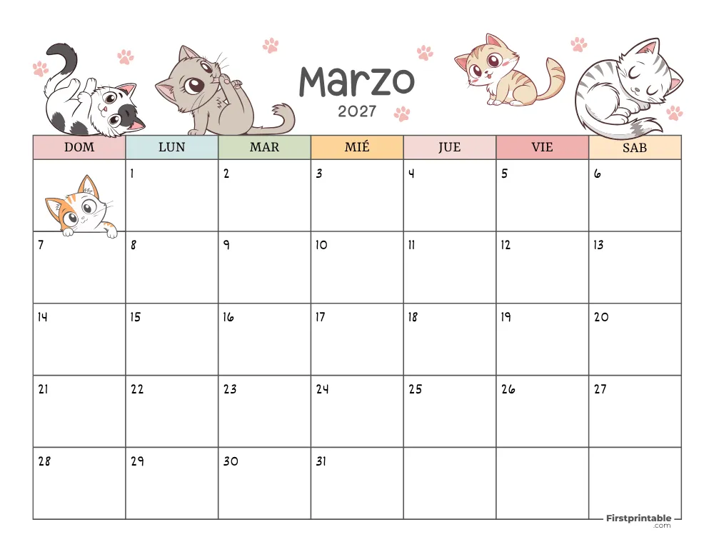 Calendario de marzo de 2027 con temática de gatos 01