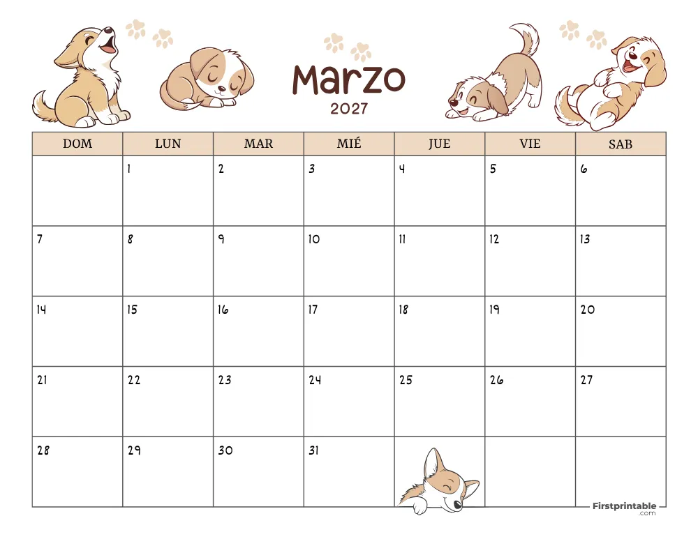 Calendario de marzo de 2027 con temática de perros 01