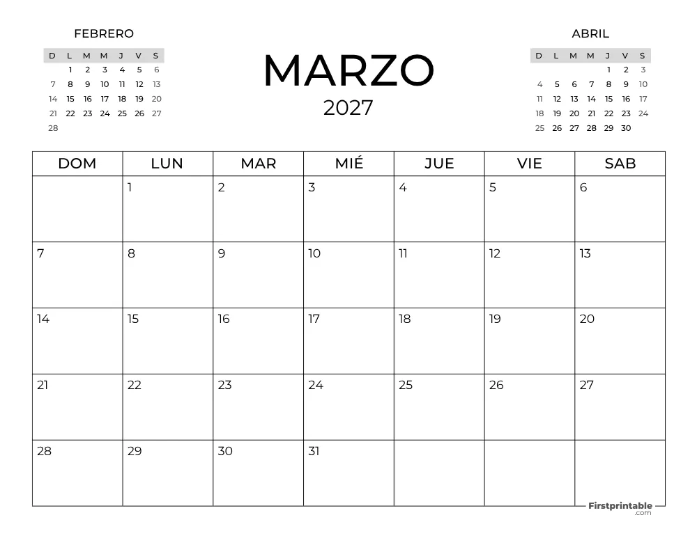 Calendario de marzo de 2027