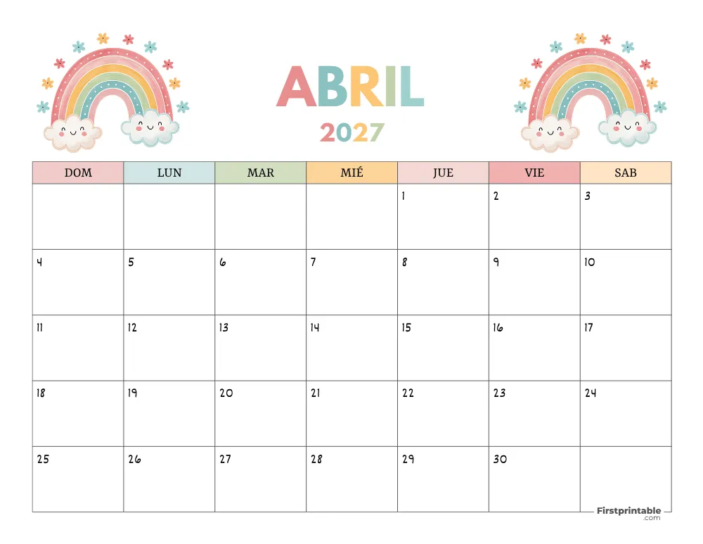 Calendario gratuito de abril de 2027