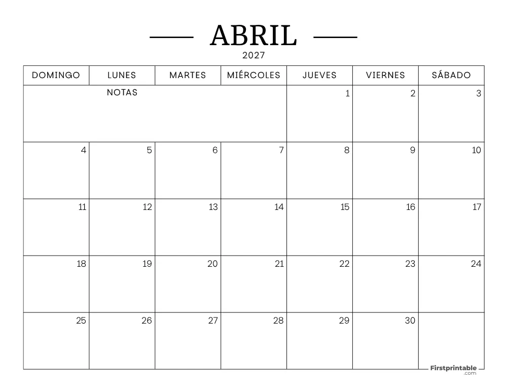 Calendario imprimible de abril de 2027