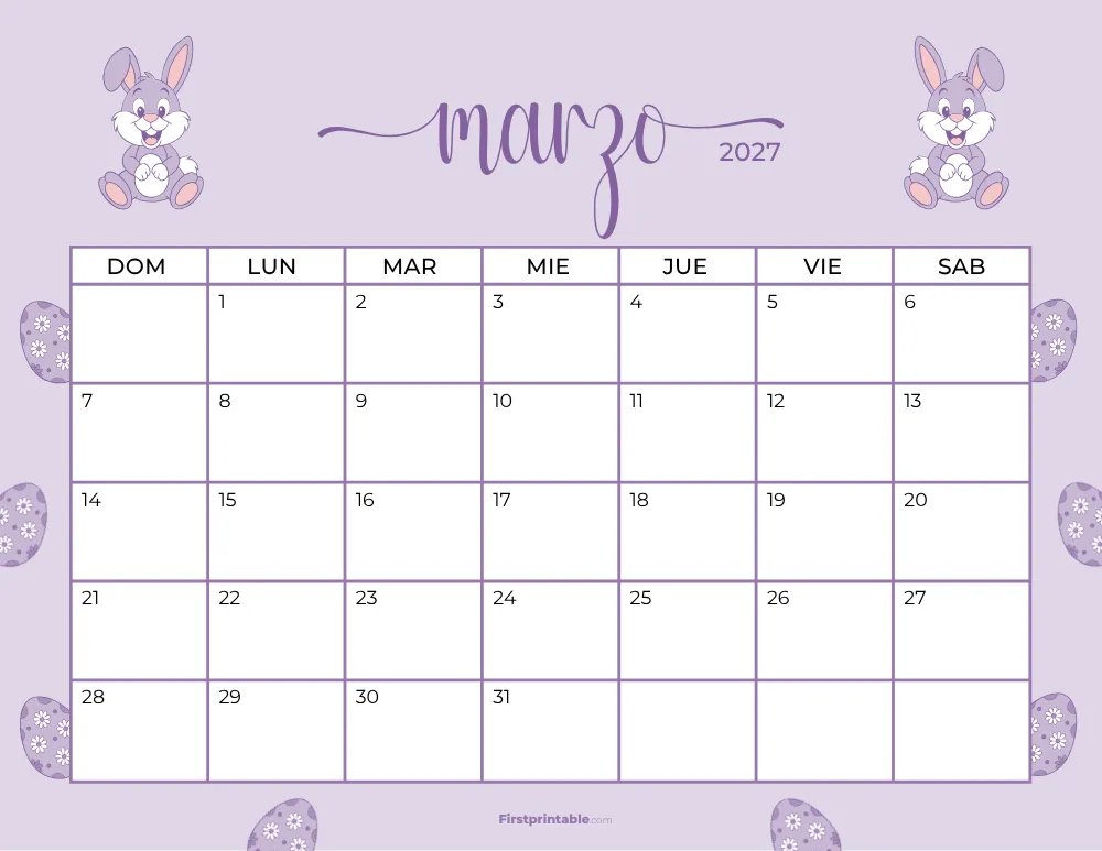 Calendario imprimible de marzo de 2027, plantilla de Pascua 20