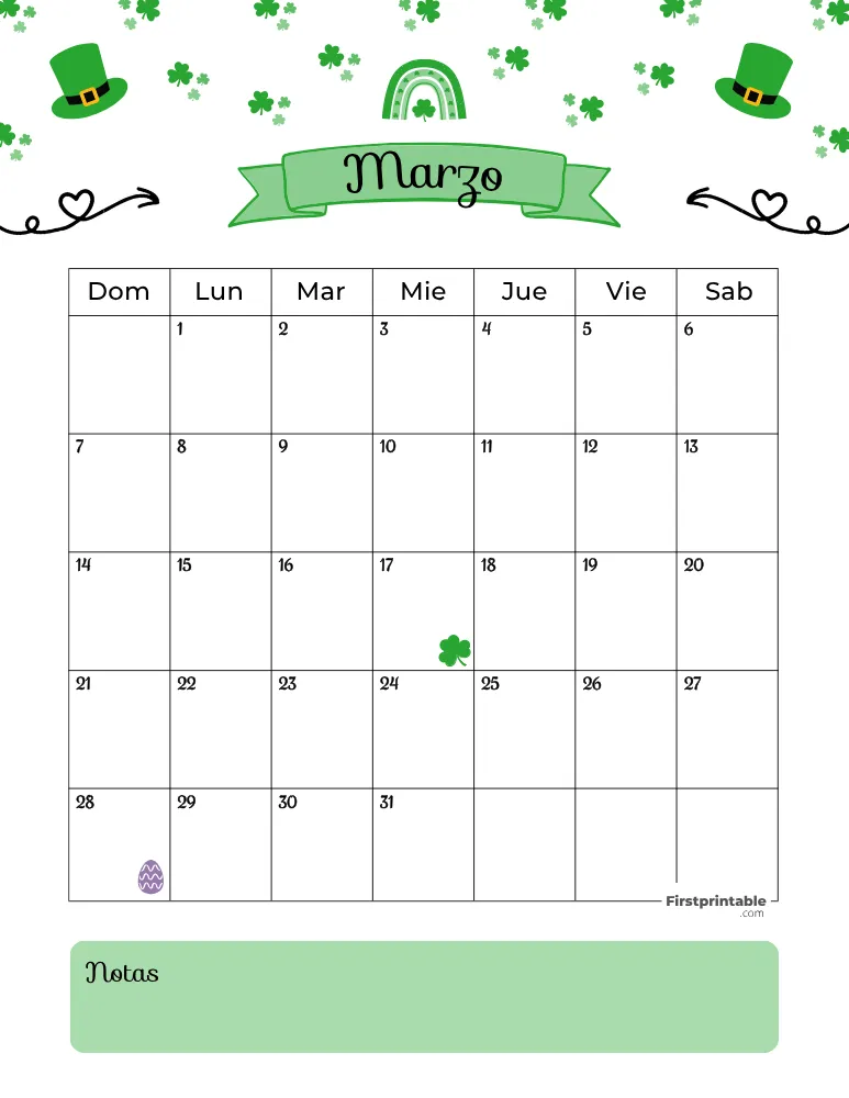 Calendario imprimible de marzo de 2027, plantilla de San Patricio 01
