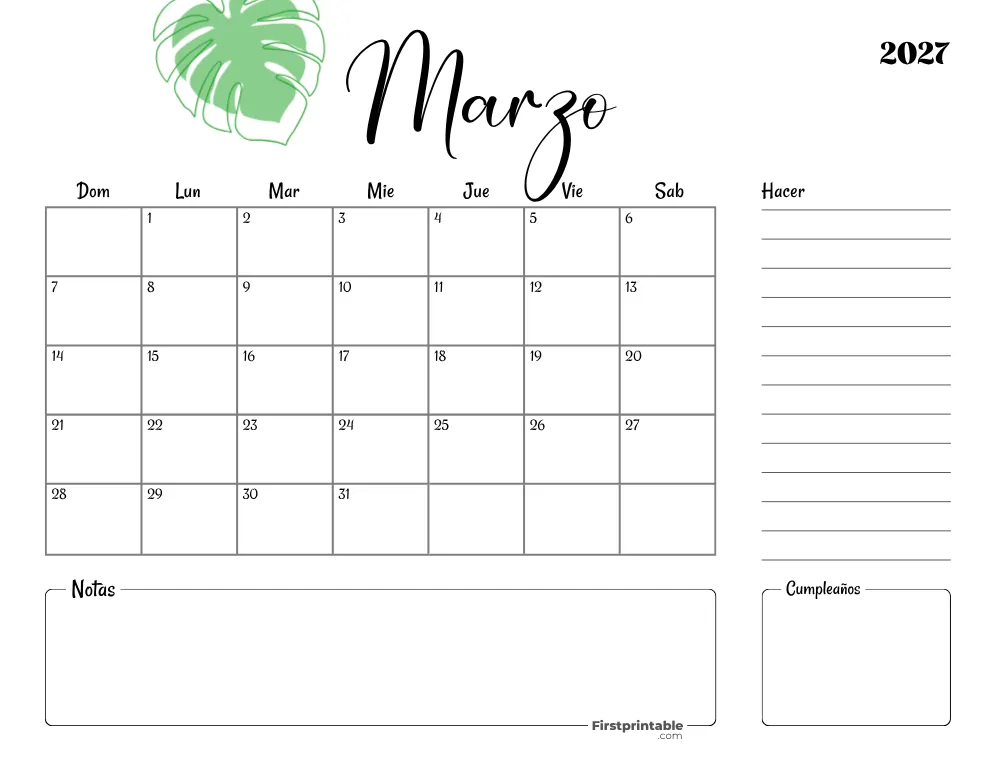 Calendario imprimible de marzo de 2027, plantilla de San Patricio 18