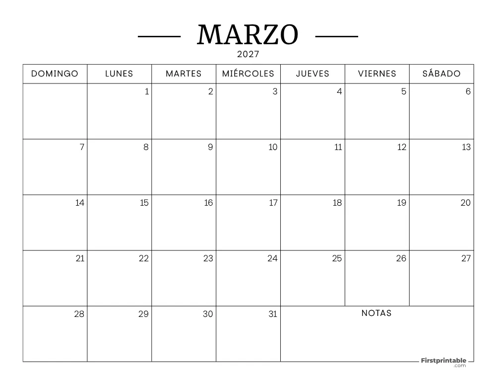 Calendario imprimible de marzo de 2027