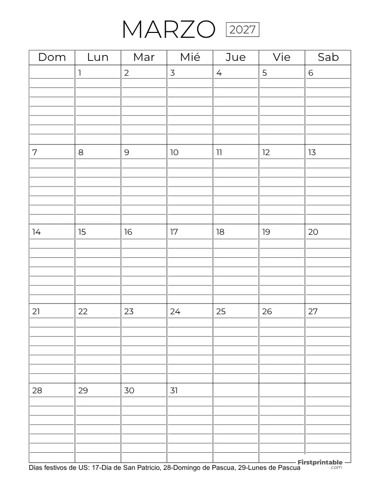 Calendario marzo 2027 con líneas
