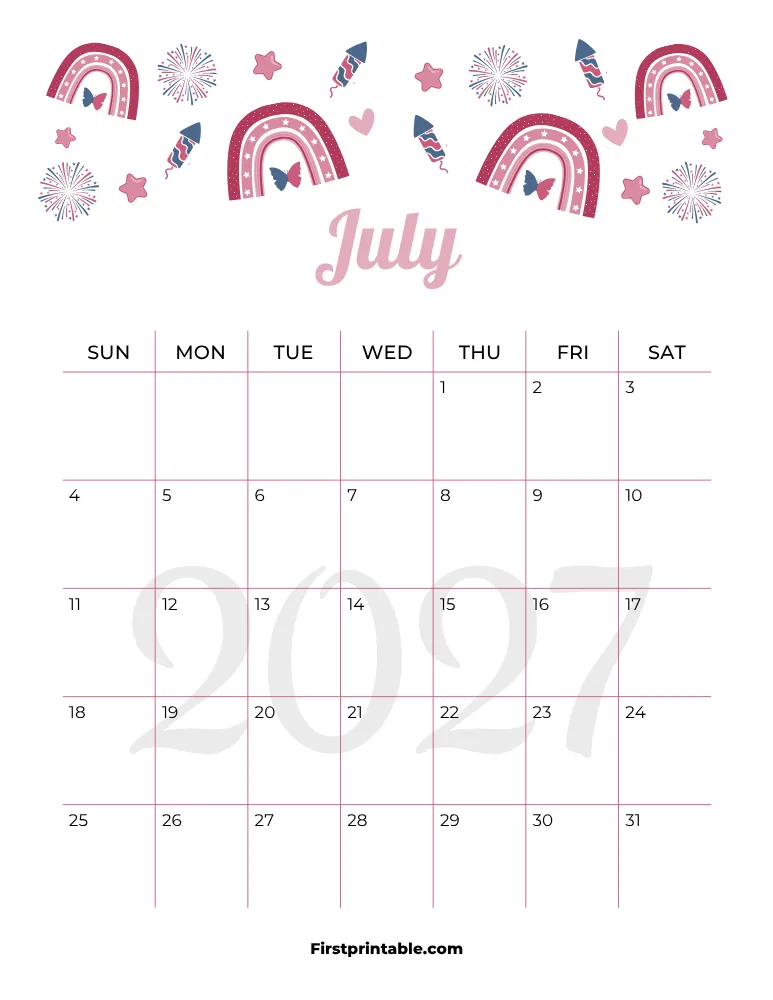 July Calendar 2027 Fourth Of July Template 06