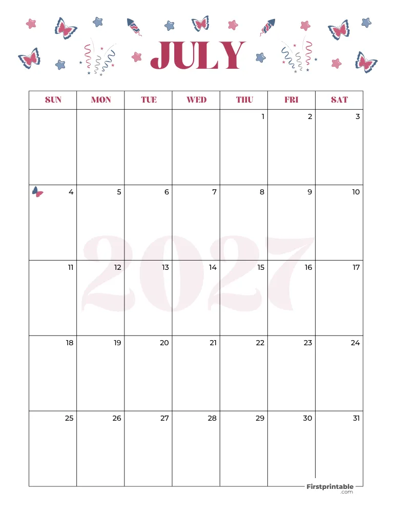July Calendar 2027 Fourth Of July Template 07