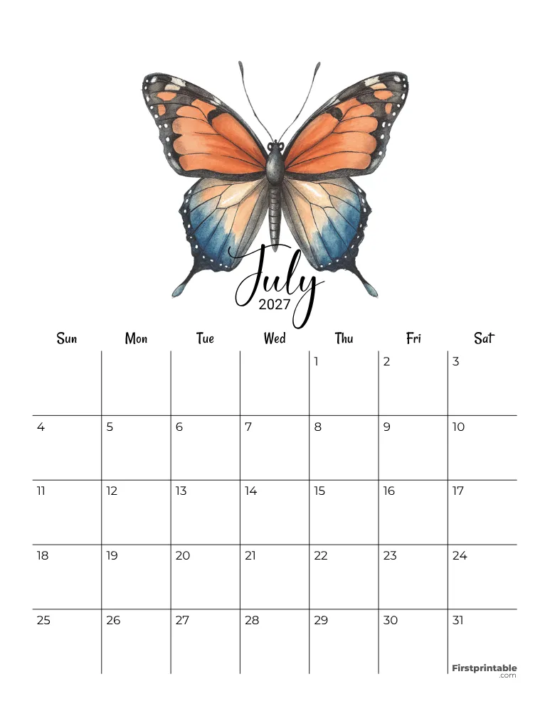 July Calendar 2027 Fourth of July Template 08