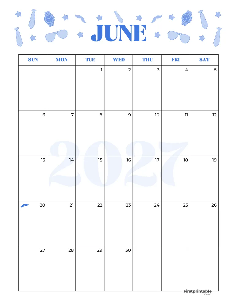 June Calendar 2027 Fathers Day Template 07
