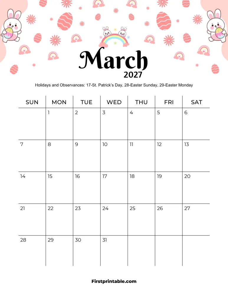March 2027 Calendar Easter Theme