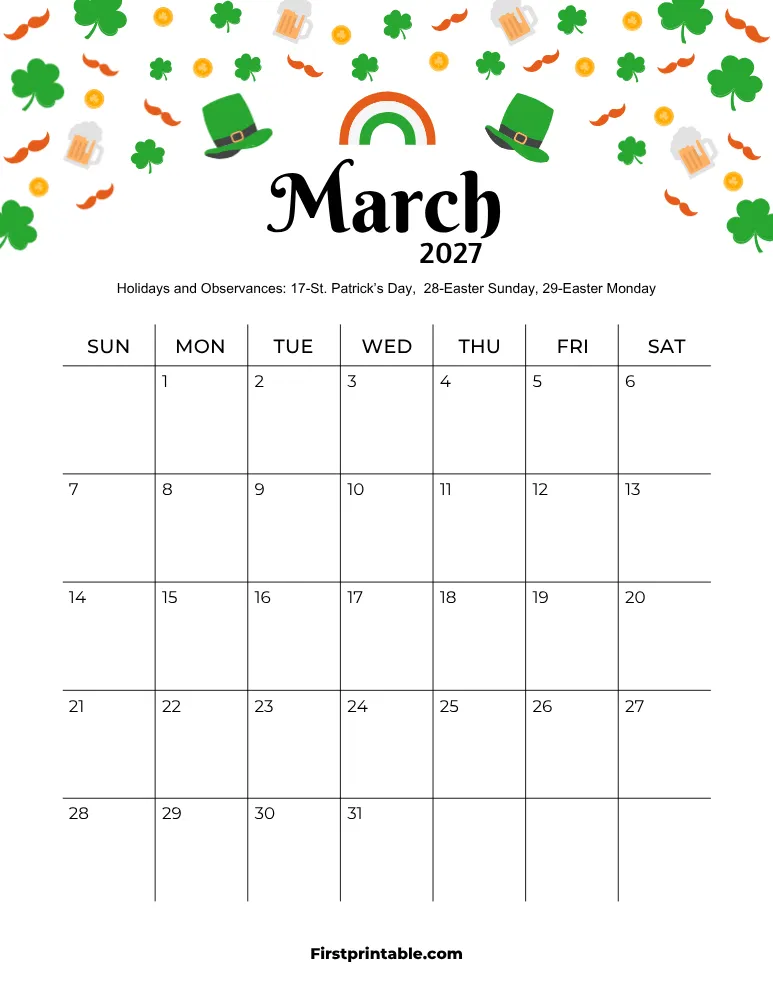 March 2027 Calendar St. Patricks Day Theme