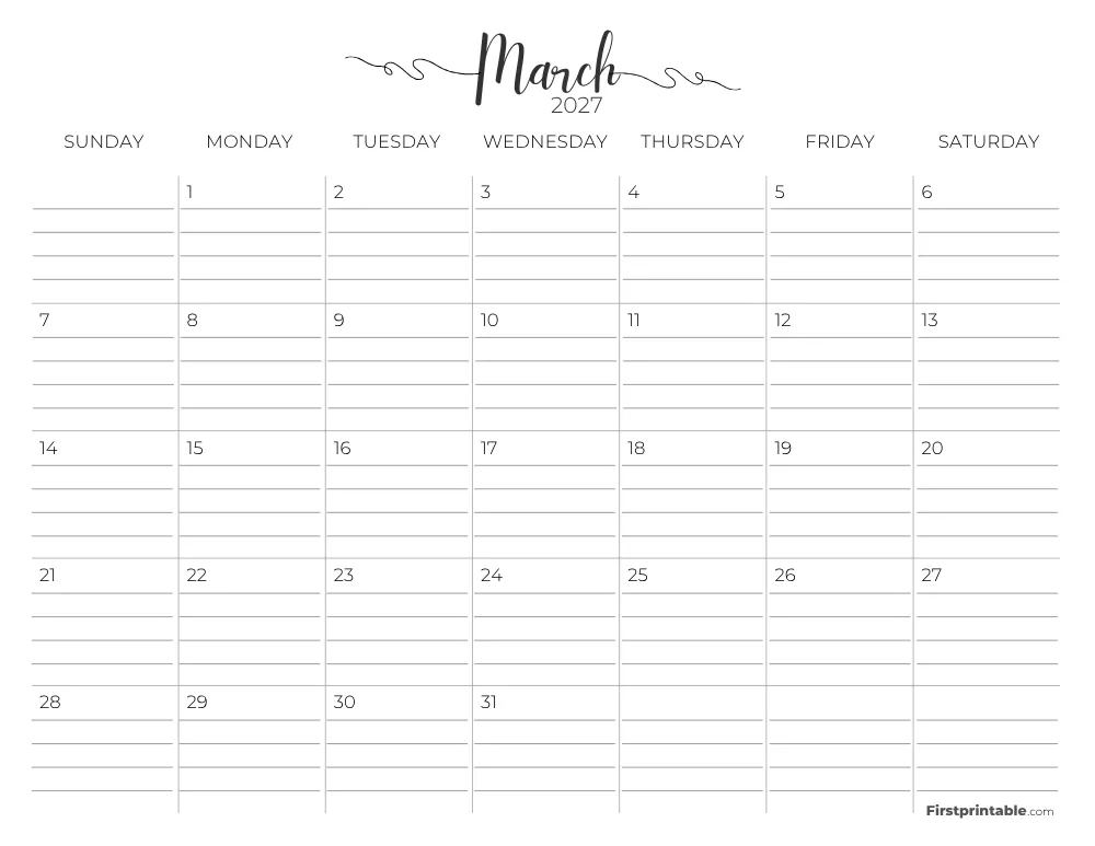 March 2027 Calendar with lines 02