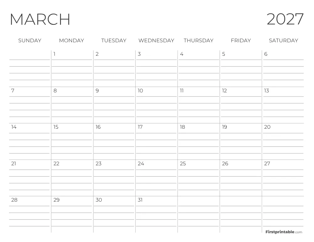 March 2027 Calendar with lines