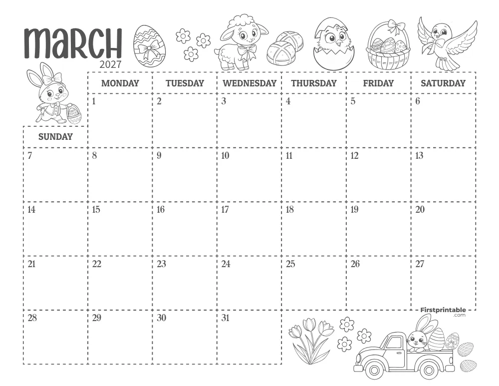 March Calendar 2027 Easter Themed 01