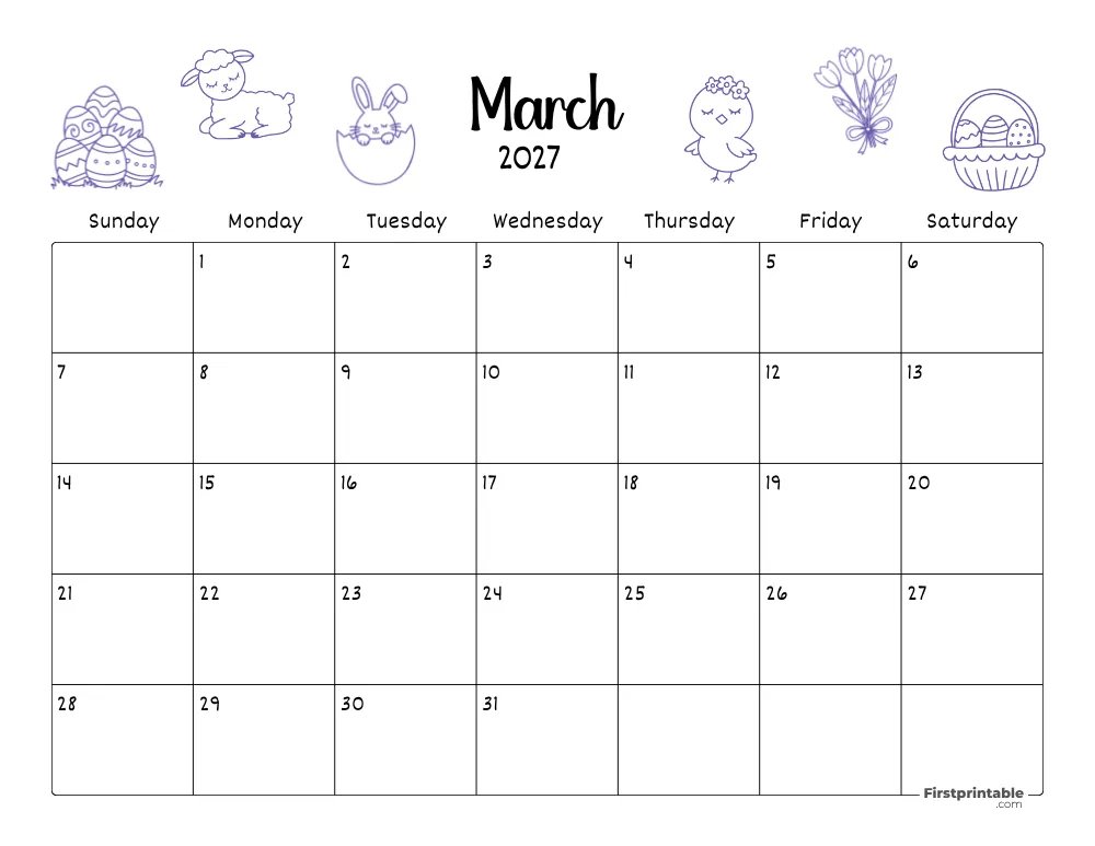 March Calendar 2027 Easter Themed 06