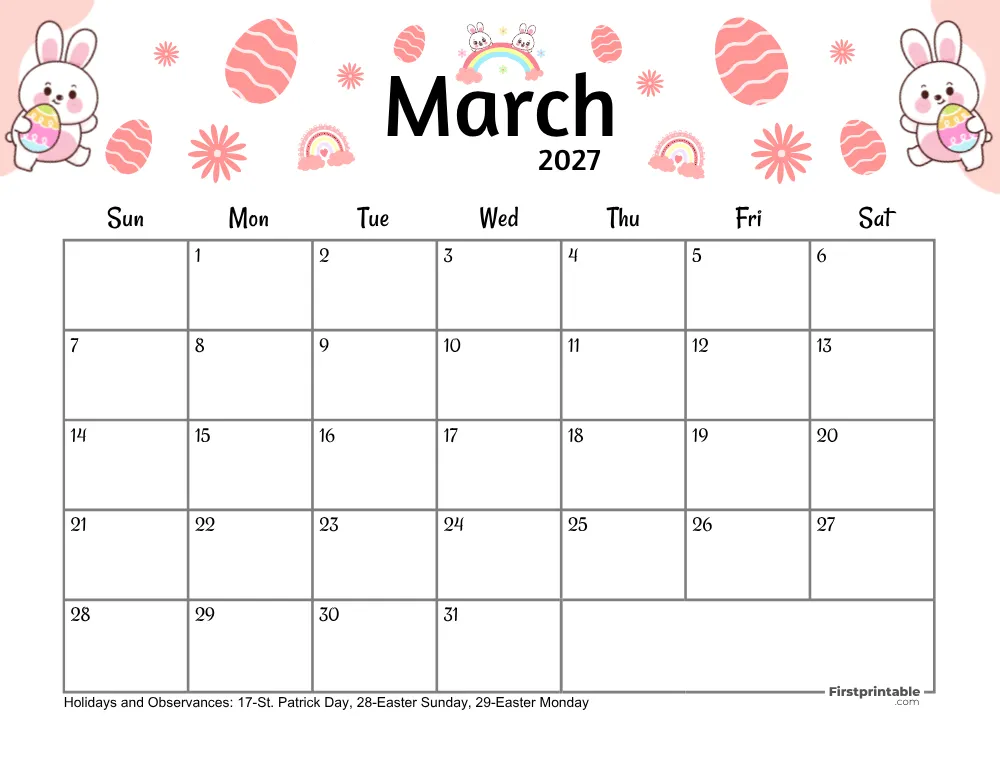 March Calendar 2027 - Easter