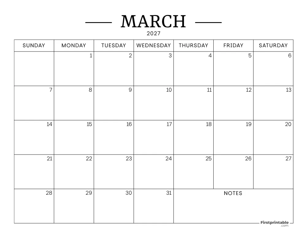 March Calendar 2027 Printable