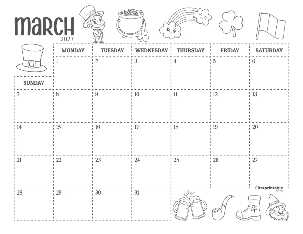 March Calendar 2027 St Patrick Day Themed 01