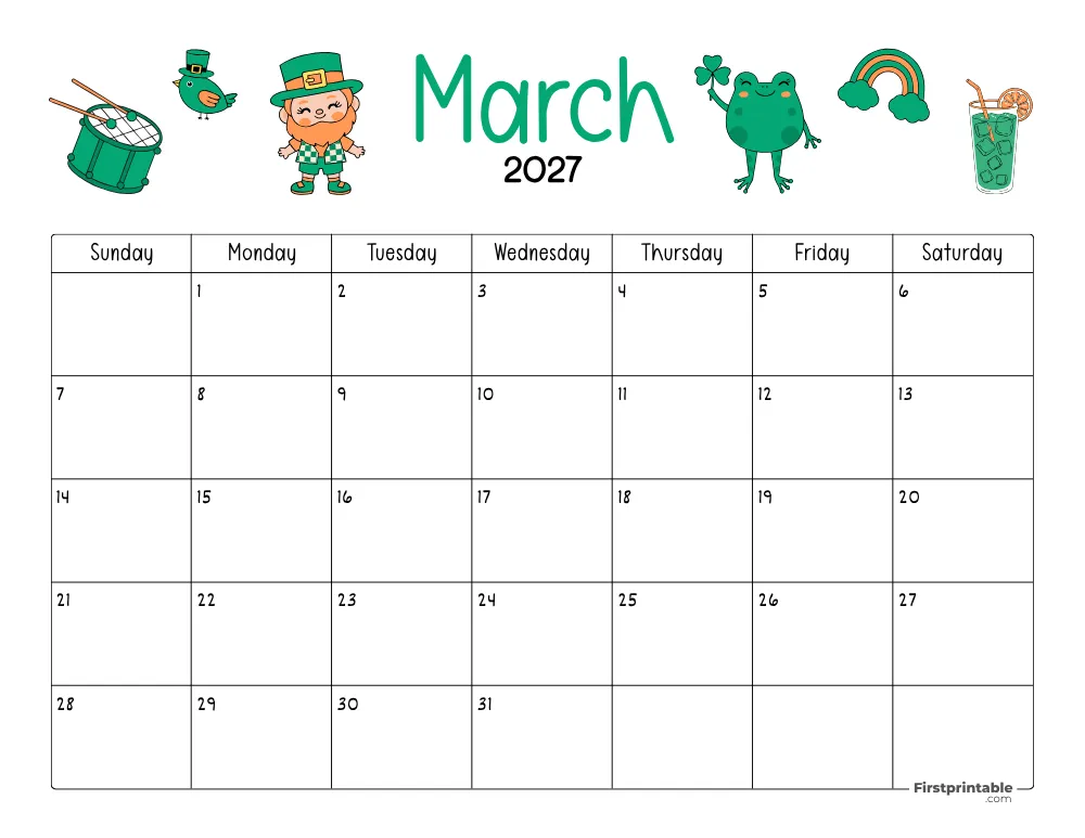 March Calendar 2027 St Patrick's Day Themed 04