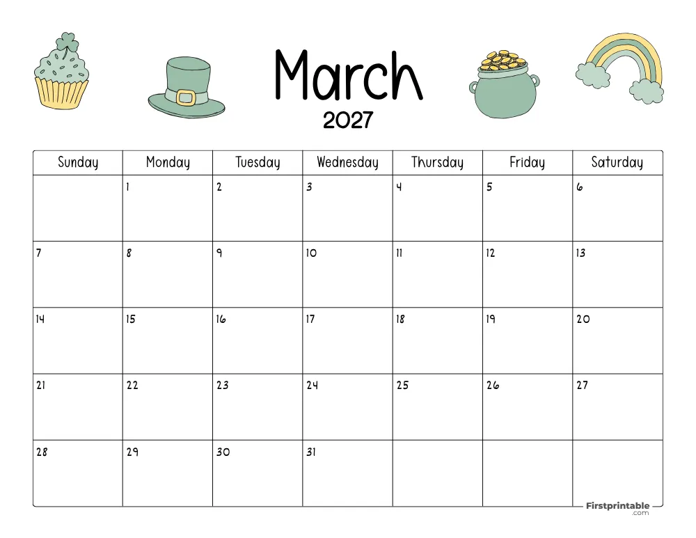 March Calendar 2027 St Patrick's Day Themed 05