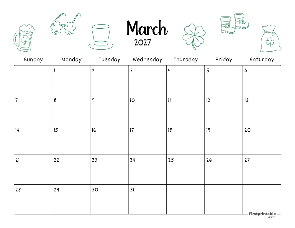 March Calendar 2027 St Patrick's Day Themed 06