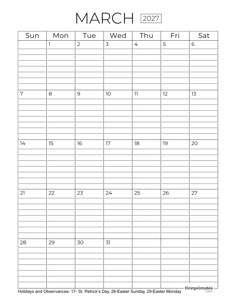 March Calendar 2027 with Lines