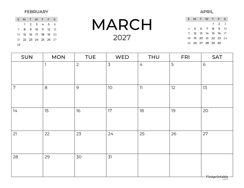 March Calendar 2027