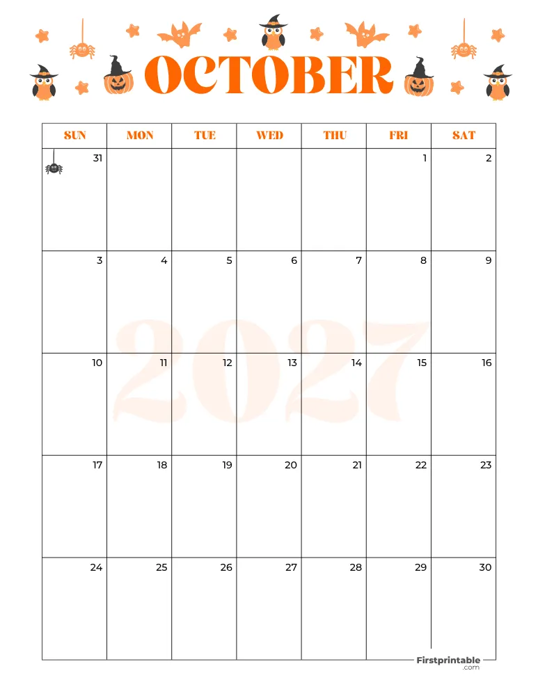 October Calendar 2027 Halloween Template 07