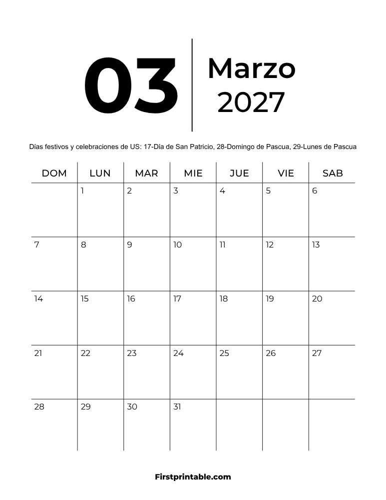 Plantilla de calendario imprimible de marzo de 2027