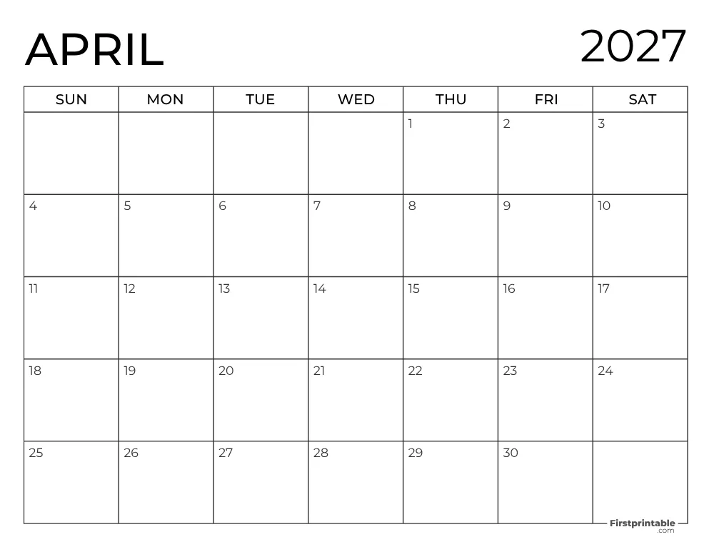 Printable April 2027 Calendar