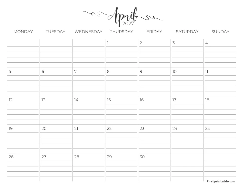 Printable April Calendar 2027 Monday Start Template 26