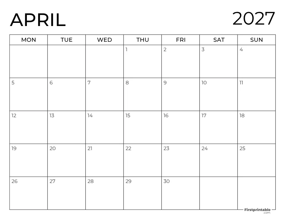 Printable April Calendar 2027 Monday Start Template 27
