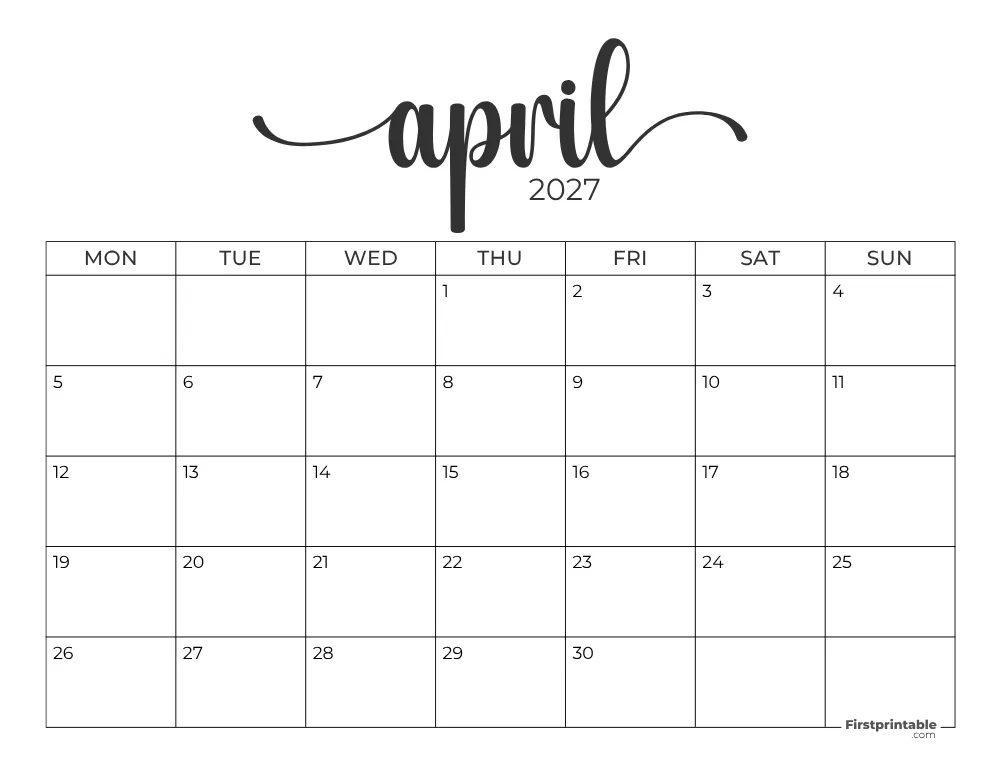 Printable April Calendar 2027 Monday Start Template 28