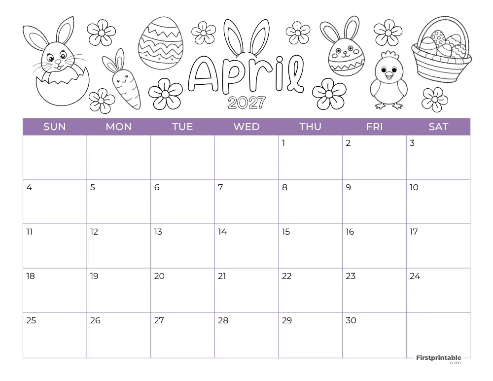 Printable April Calendar 2027 Spring Template 25