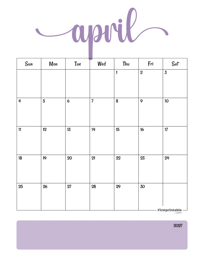 Printable April Calendar 2027 Template 04