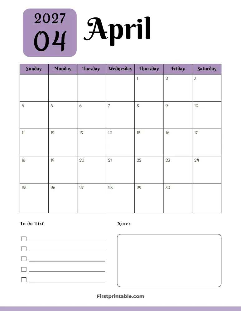 Printable April Calendar 2027 Template 05