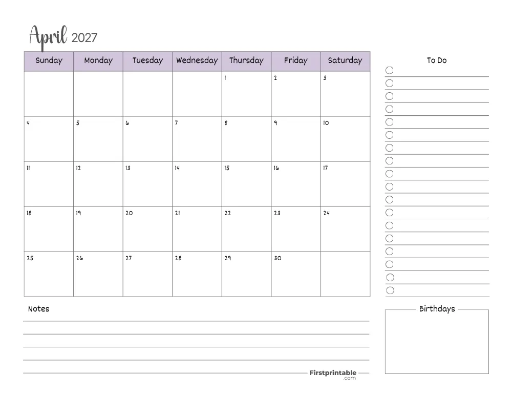 Printable April Calendar 2027 Template 15