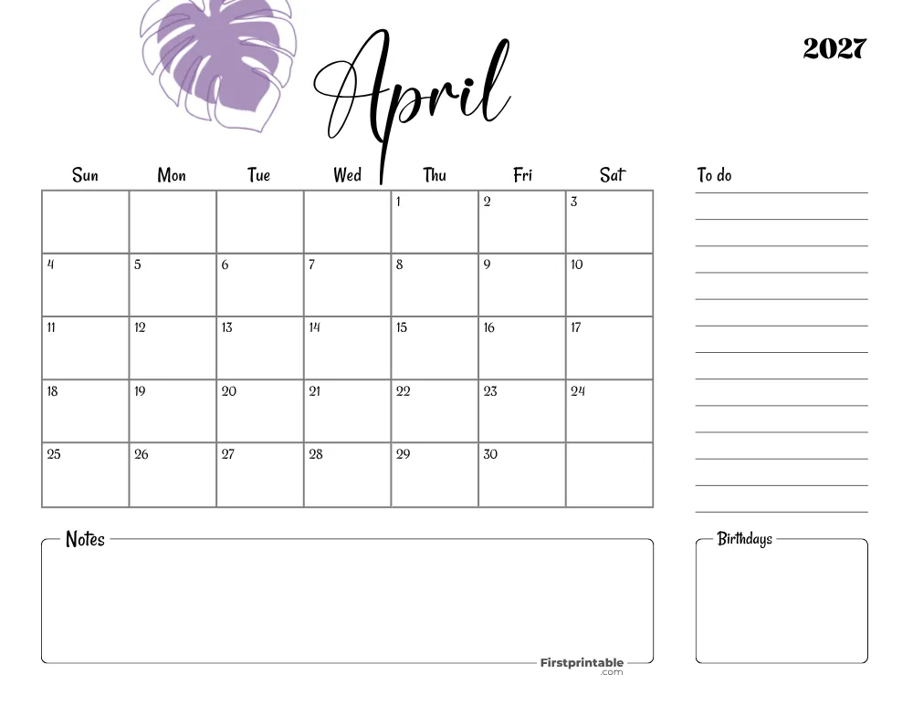 Printable April Calendar 2027 Template 18