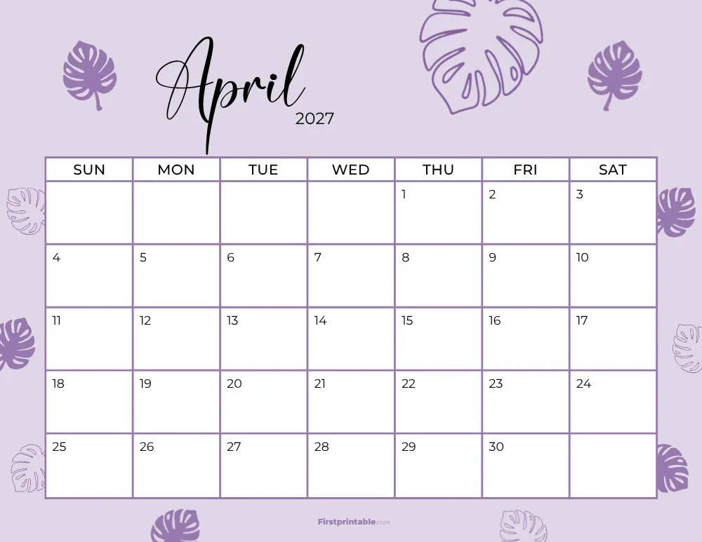 Printable April Calendar 2027 Template 19