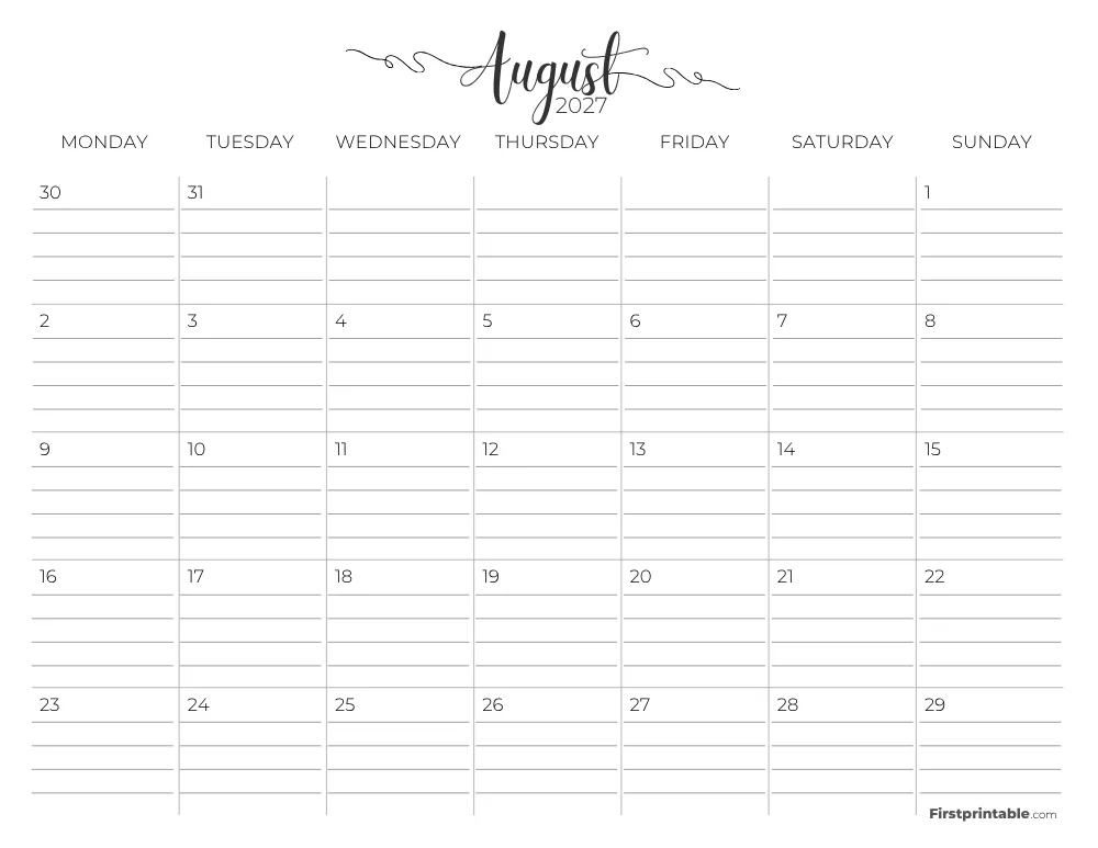 Printable August Calendar 2027 Monday Start Template 26