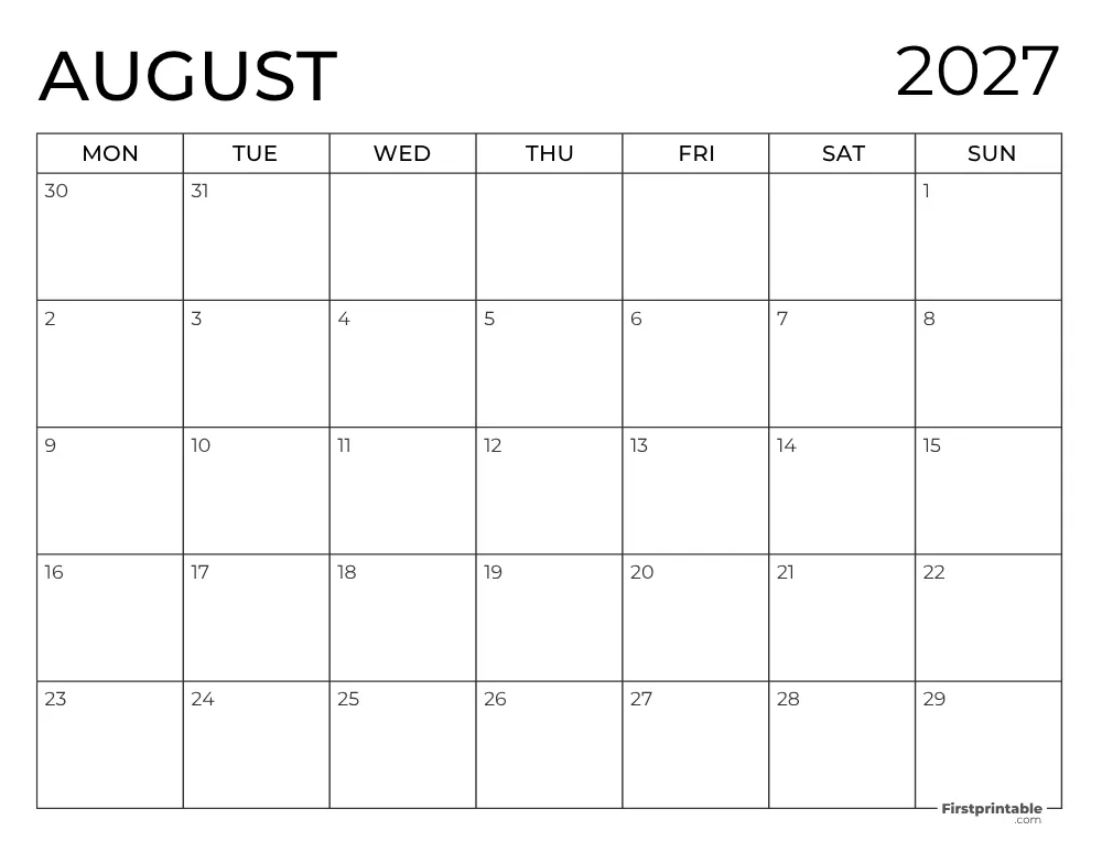 Printable August Calendar 2027 Monday Start Template 27