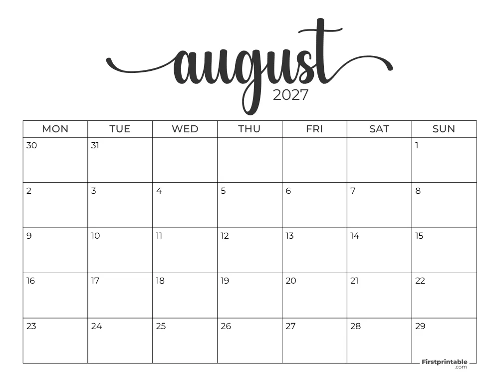 Printable August Calendar 2027 Monday Start Template 28