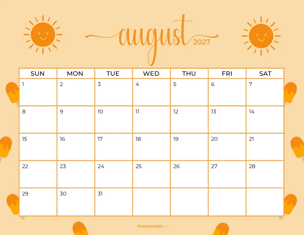 Printable August Calendar 2027 Summer Template 20