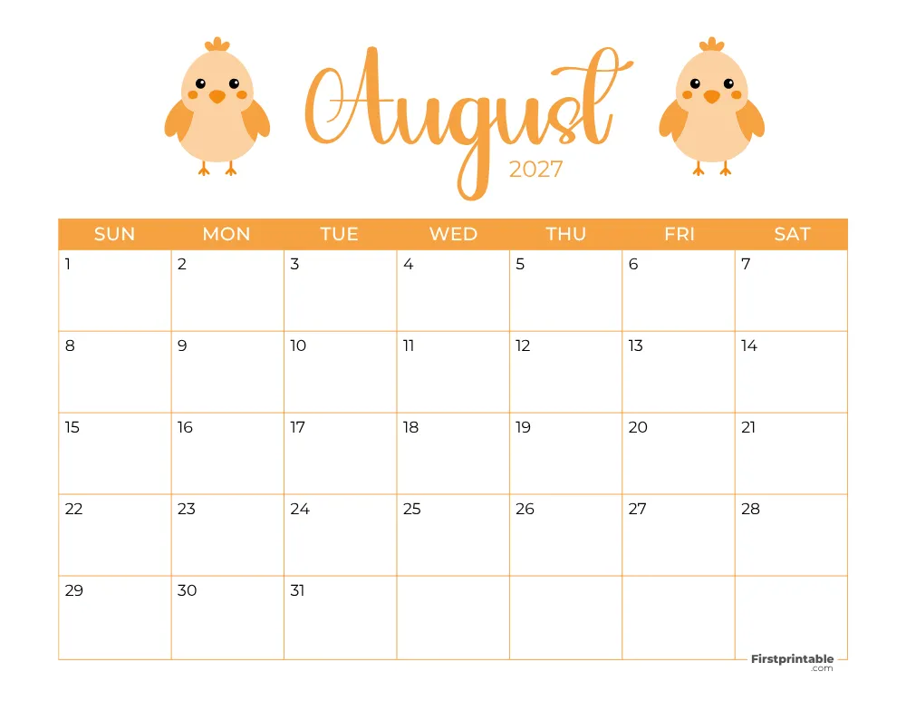 Printable August Calendar 2027 Summer Template 22